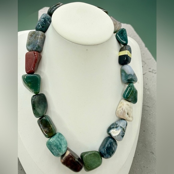 Massive Chunky Multi Agate Nugget Statement Necklace 16” 154g Natural Stone Boho - Picture 9 of 17